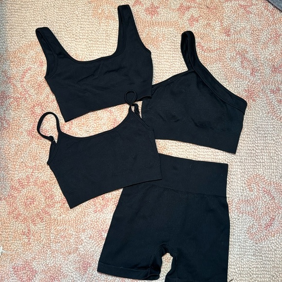 4 Piece Active Set Black Biker Shorts and Tops - Picture 1 of 2